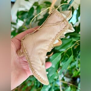 Gold, Peach, Tan & Cream Classic Woman Boot ORNAMENT, Porcelain, Fabric & Pearls